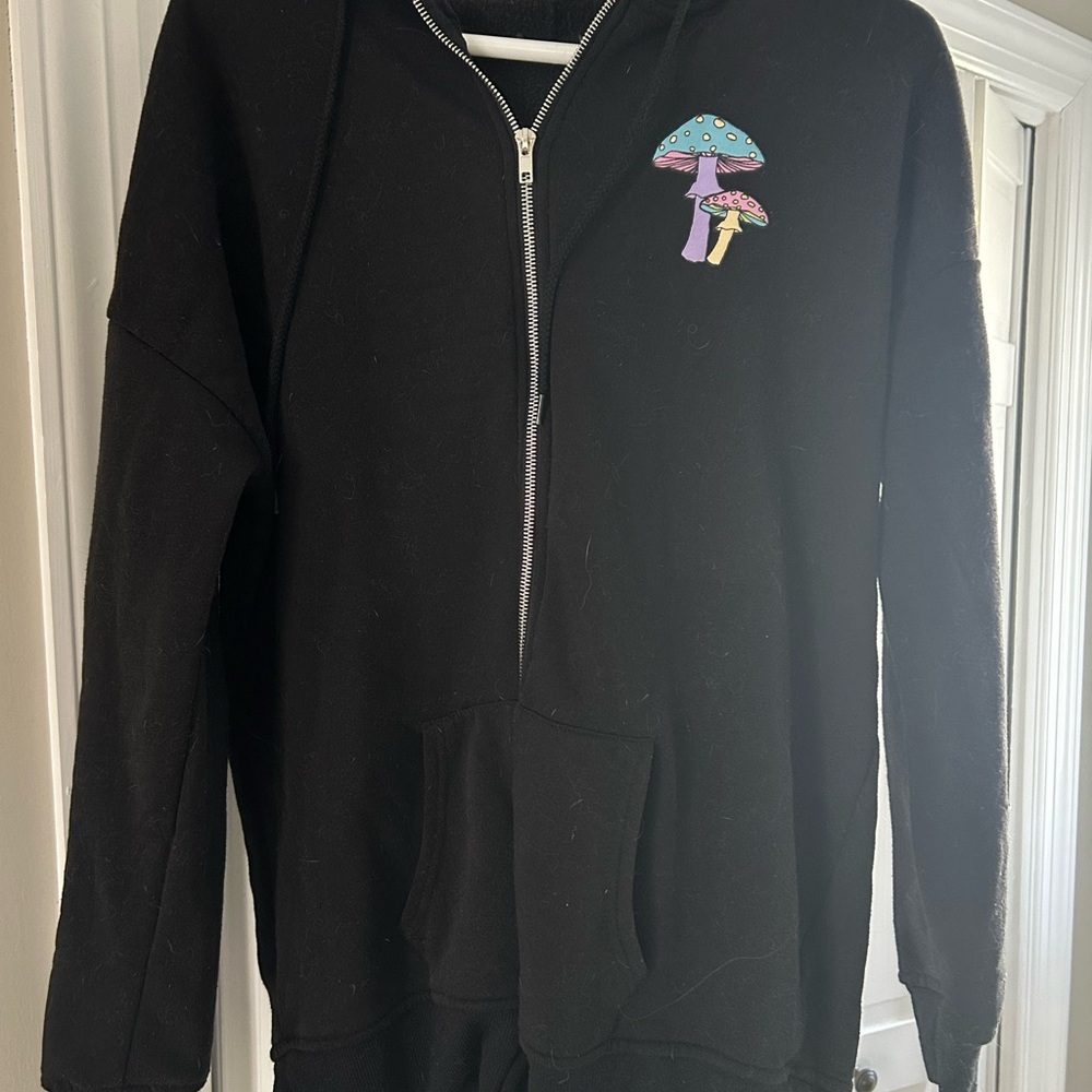 Black Hoodie with Mushroom Embroidery